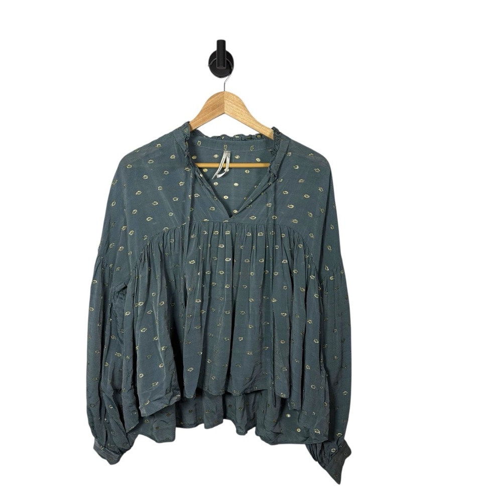By Anthropologie Women’s Ruffled Peasant Blouse in Blue/Gold Metallic M - Picture 5 of 16